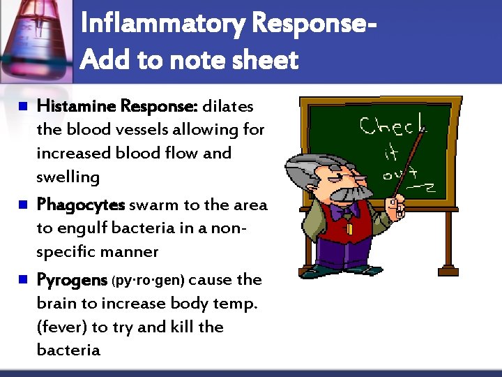 Inflammatory Response. Add to note sheet n n n Histamine Response: dilates the blood