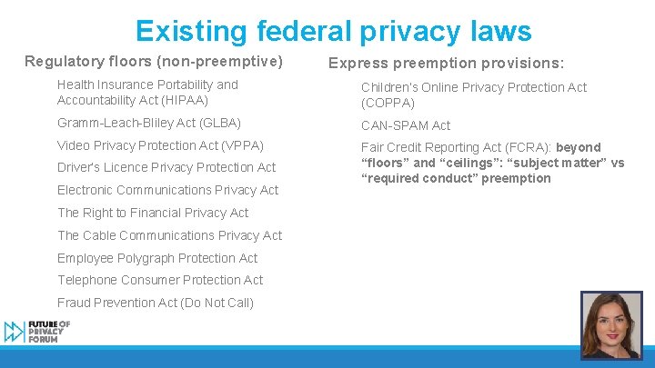 Existing federal privacy laws Regulatory floors (non-preemptive) Express preemption provisions: Health Insurance Portability and