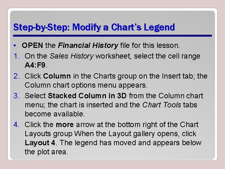 Step-by-Step: Modify a Chart’s Legend • OPEN the Financial History file for this lesson.