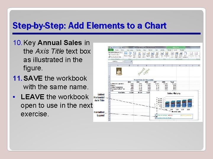 Step-by-Step: Add Elements to a Chart 10. Key Annual Sales in the Axis Title