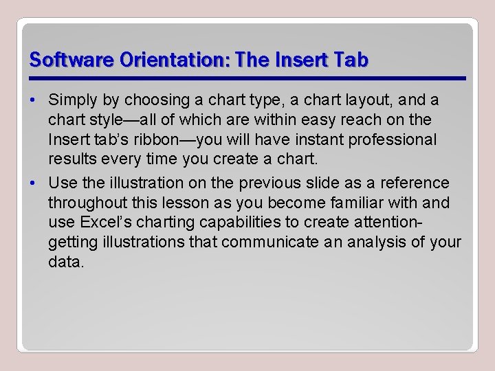 Software Orientation: The Insert Tab • Simply by choosing a chart type, a chart