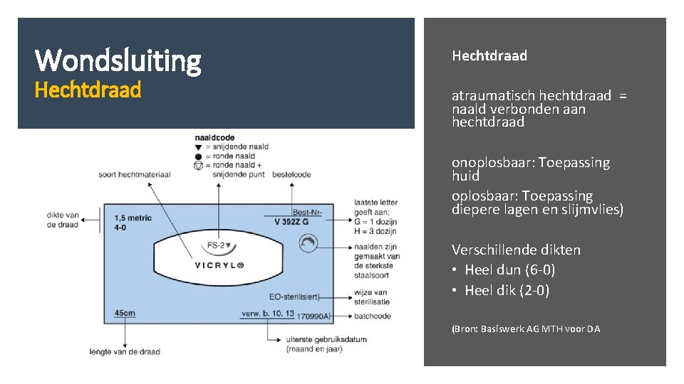 Wondsluiting Hechtdraad atraumatisch hechtdraad = naald verbonden aan hechtdraad onoplosbaar: Toepassing huid oplosbaar: Toepassing