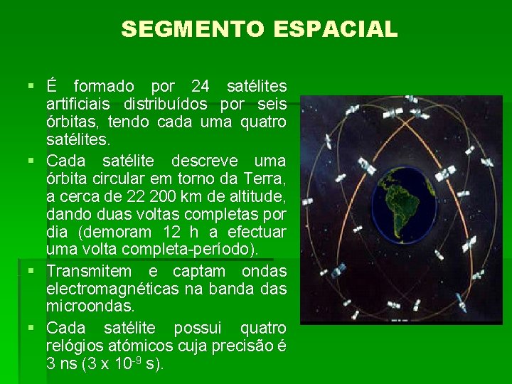 SEGMENTO ESPACIAL § É formado por 24 satélites artificiais distribuídos por seis órbitas, tendo