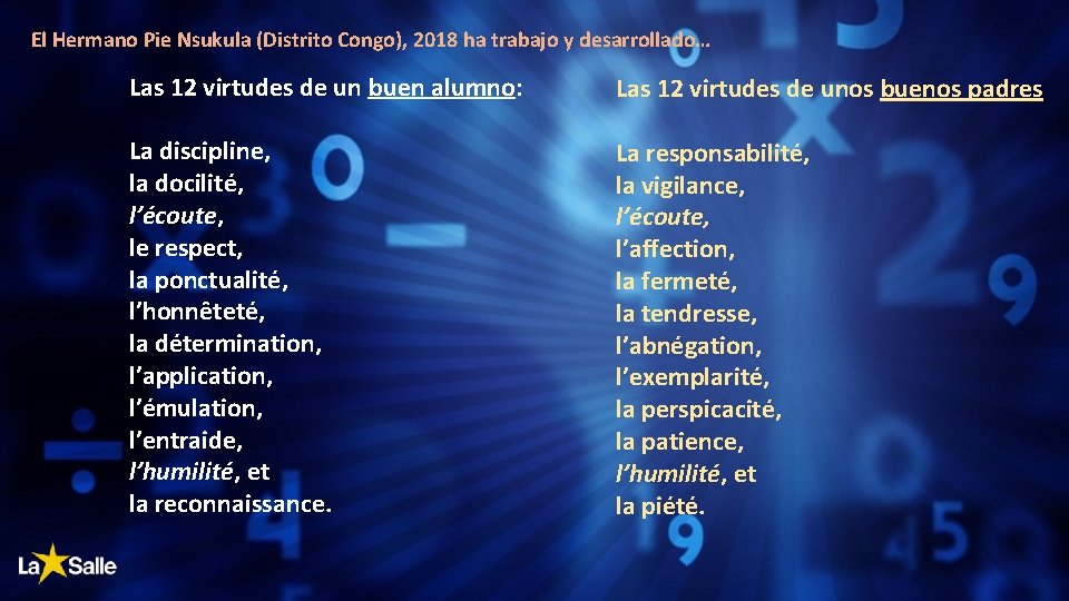 El Hermano Pie Nsukula (Distrito Congo), 2018 ha trabajo y desarrollado… Las 12 virtudes