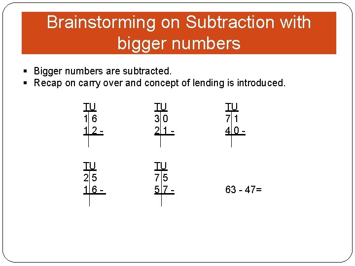 Brainstorming on Subtraction with bigger numbers § Bigger numbers are subtracted. § Recap on