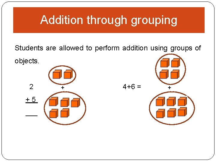Addition through grouping Students are allowed to perform addition using groups of objects. 2