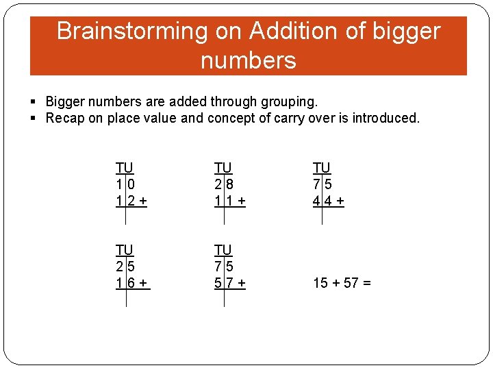 Brainstorming on Addition of bigger numbers § Bigger numbers are added through grouping. §