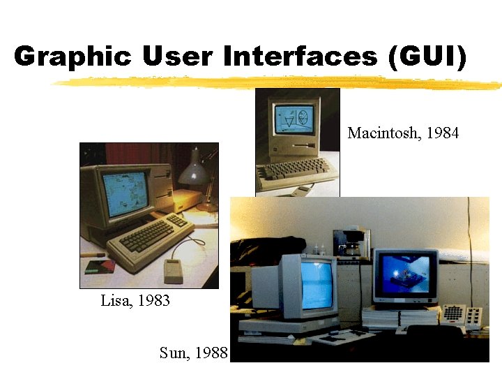 Graphic User Interfaces (GUI) Macintosh, 1984 Lisa, 1983 Sun, 1988 Graphic User Interfaces (GUI) Macintosh, 1984 Lisa, 1983 Sun, 1988