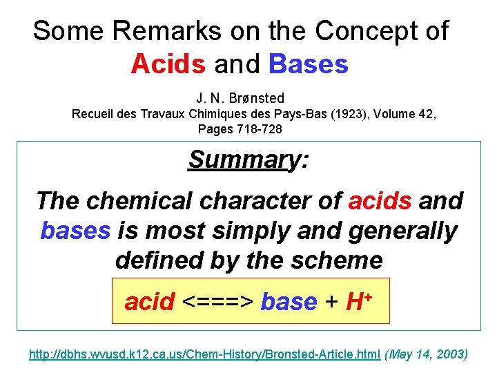 Some Remarks on the Concept of Acids and Bases J. N. Brønsted Recueil des