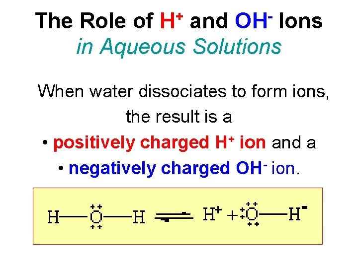 + H OH The Role of and Ions in Aqueous Solutions When water dissociates