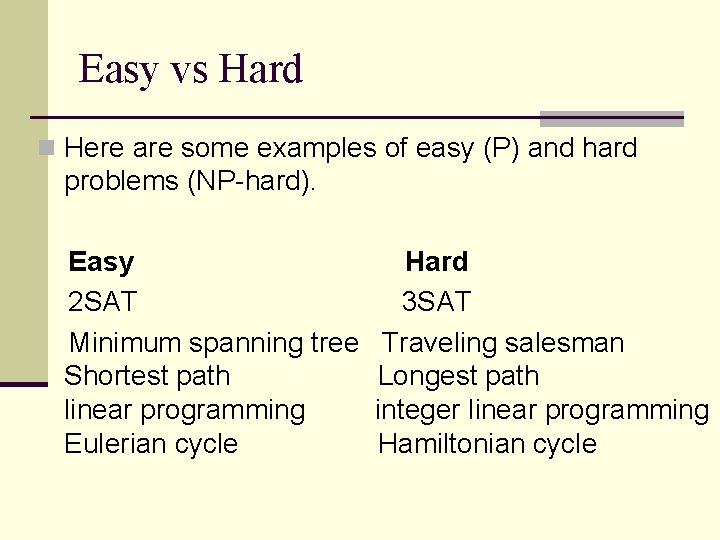 Easy vs Hard n Here are some examples of easy (P) and hard problems