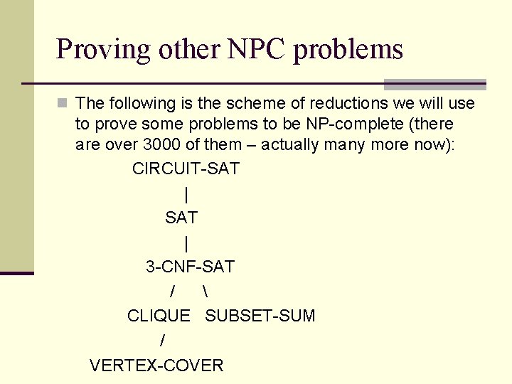 Proving other NPC problems n The following is the scheme of reductions we will
