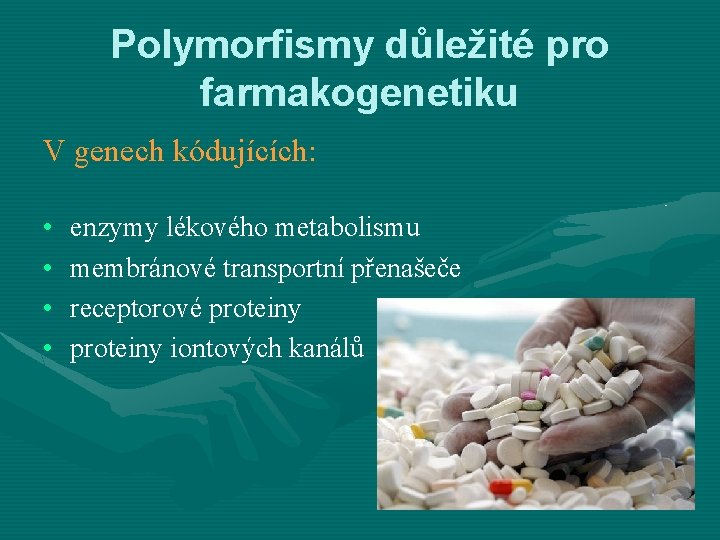 Polymorfismy důležité pro farmakogenetiku V genech kódujících: • • enzymy lékového metabolismu membránové transportní