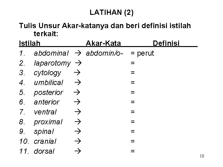 LATIHAN (2) Tulis Unsur Akar-katanya dan beri definisi istilah terkait: Istilah Akar-Kata Definisi 1.