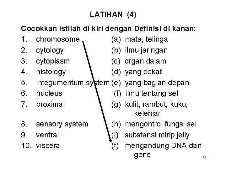 LATIHAN (4) Cocokkan istilah di kiri dengan Definisi di kanan: 1. chromosome (a) mata,