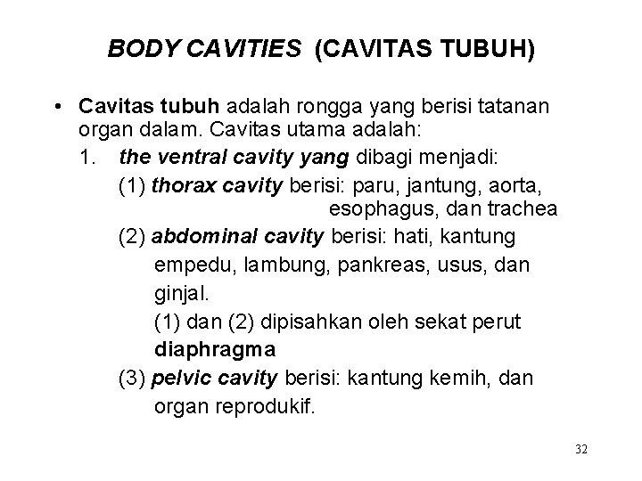 BODY CAVITIES (CAVITAS TUBUH) • Cavitas tubuh adalah rongga yang berisi tatanan organ dalam.