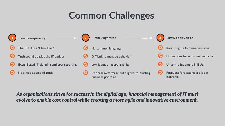 Common Challenges 1 Low Transparency 2 Poor Alignment 3 Lost Opportunities The IT bill