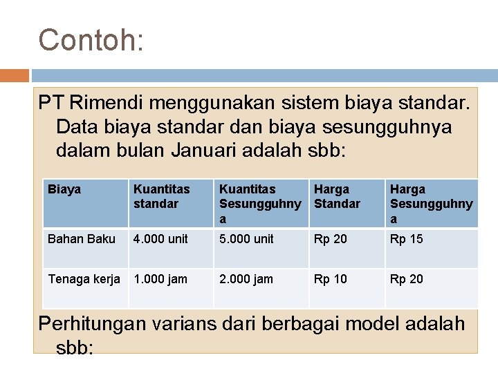 Contoh: PT Rimendi menggunakan sistem biaya standar. Data biaya standar dan biaya sesungguhnya dalam