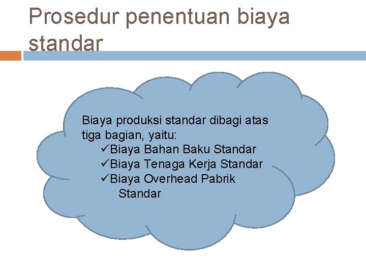 Prosedur penentuan biaya standar Biaya produksi standar dibagi atas tiga bagian, yaitu: üBiaya Bahan