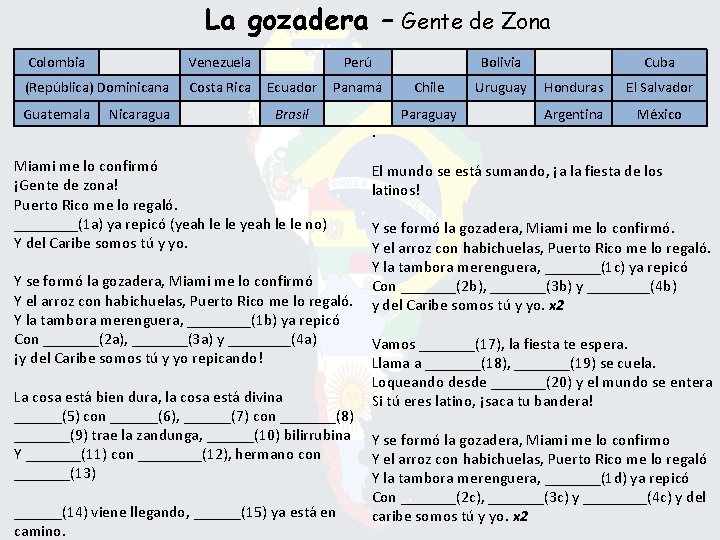 La gozadera – Gente de Zona Colombia Venezuela (República) Dominicana Costa Rica Guatemala Nicaragua