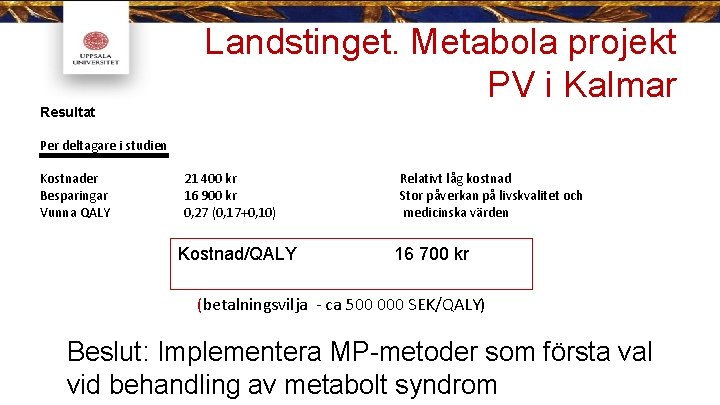 Resultat Landstinget. Metabola projekt PV i Kalmar Per deltagare i studien Kostnader Besparingar Vunna