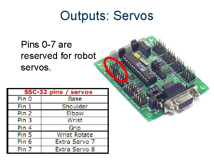 Outputs: Servos Pins 0 -7 are reserved for robot servos. 