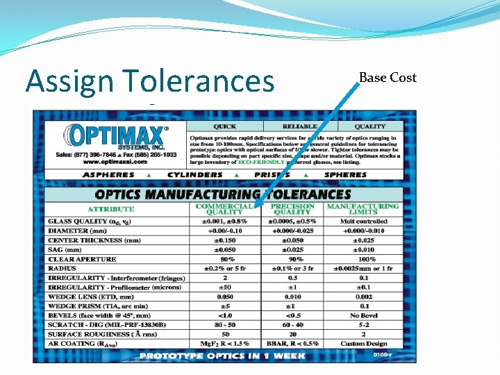 Assign Tolerances Base Cost 