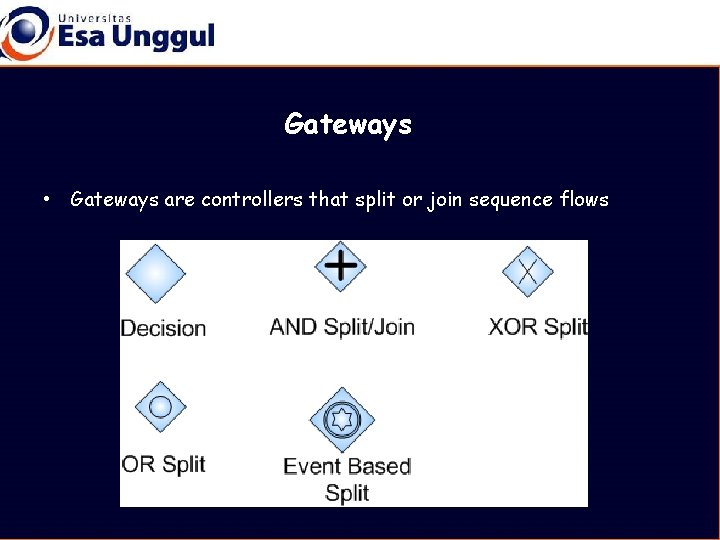 Gateways • Gateways are controllers that split or join sequence flows 