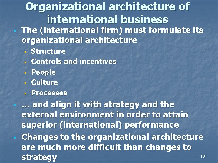 Organizational architecture of international business § The (international firm) must formulate its organizational architecture