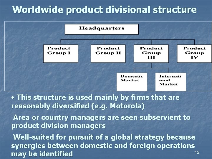 Worldwide product divisional structure • This structure is used mainly by firms that are