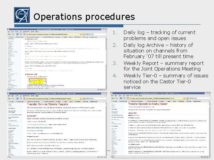 Operations procedures 1. 2. 3. 4. Daily log – tracking of current problems and