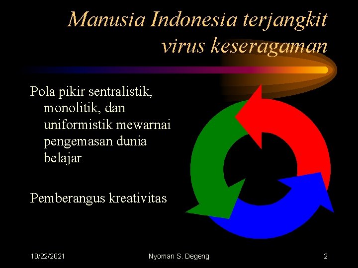 Manusia Indonesia terjangkit virus keseragaman Pola pikir sentralistik, monolitik, dan uniformistik mewarnai pengemasan dunia