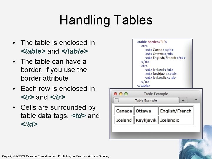 Handling Tables • The table is enclosed in <table> and </table> • The table