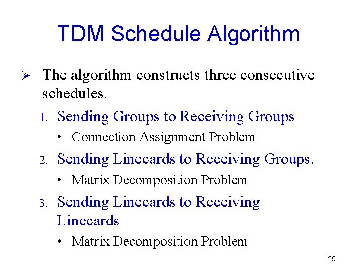 TDM Schedule Algorithm Ø The algorithm constructs three consecutive schedules. 1. Sending Groups to