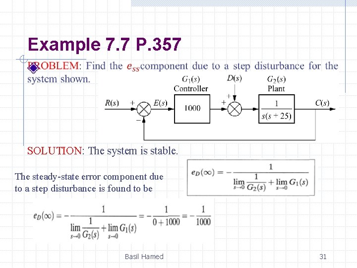 Example 7. 7 P. 357 SOLUTION: The system is stable. The steady-state error component