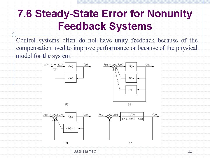 7. 6 Steady-State Error for Nonunity Feedback Systems Control systems often do not have