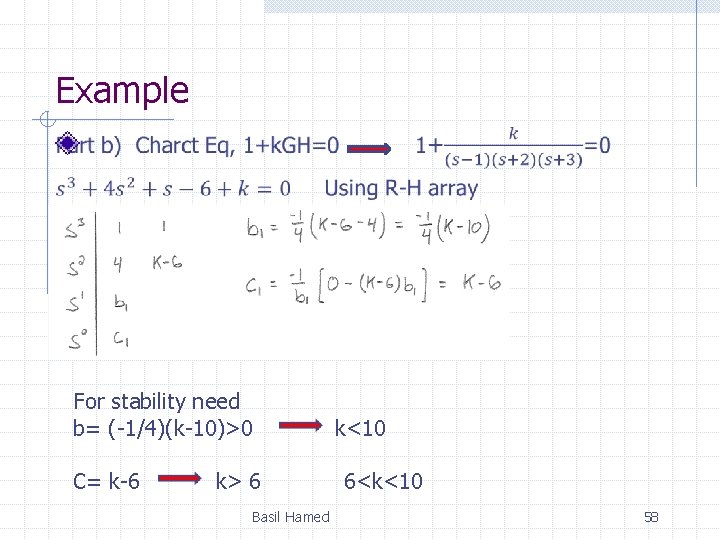 Example For stability need b= (-1/4)(k-10)>0 C= k-6 k<10 k> 6 Basil Hamed 6<k<10