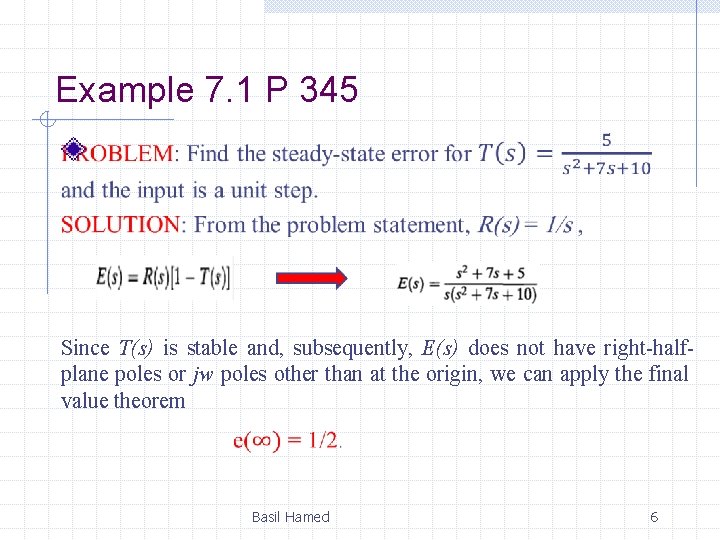 Example 7. 1 P 345 Since T(s) is stable and, subsequently, E(s) does not