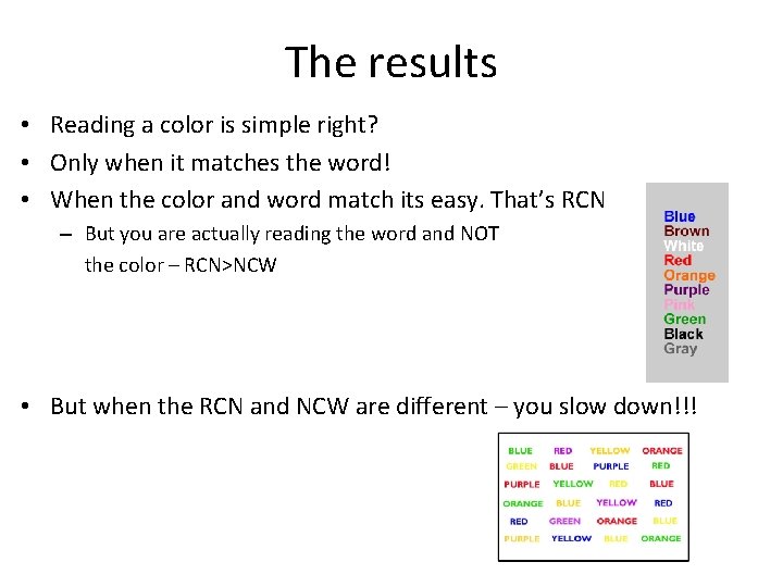 The results • Reading a color is simple right? • Only when it matches