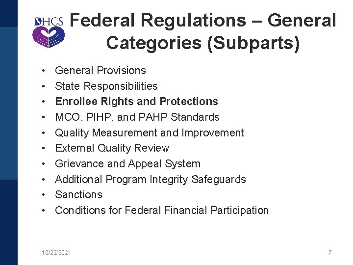 Federal Regulations – General Categories (Subparts) • • • General Provisions State Responsibilities Enrollee