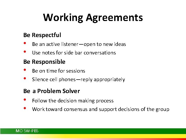 Working Agreements Be Respectful • • Be an active listener—open to new ideas Use