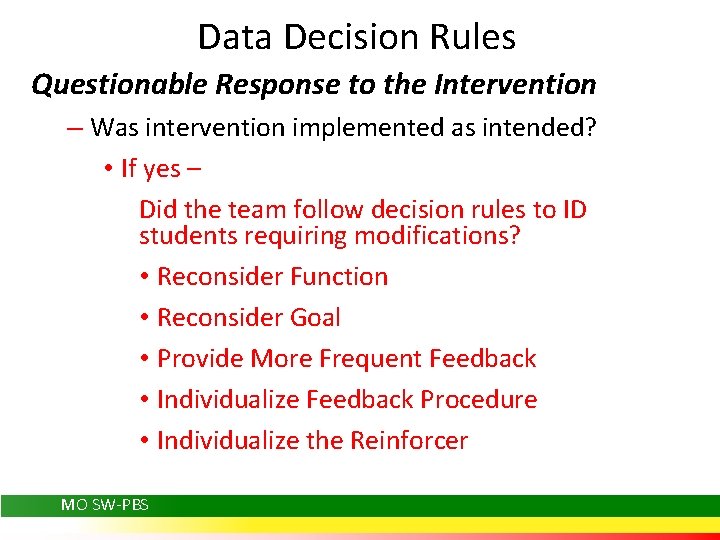 Data Decision Rules Questionable Response to the Intervention – Was intervention implemented as intended?