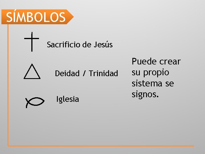 SÍMBOLOS Sacrificio de Jesús Deidad / Trinidad Iglesia Puede crear su propio sistema se