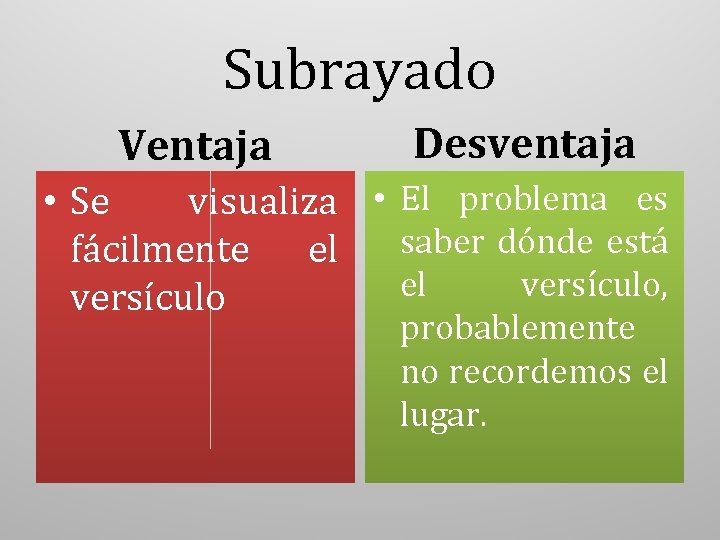 Subrayado Ventaja Desventaja • Se visualiza • El problema es saber dónde está fácilmente