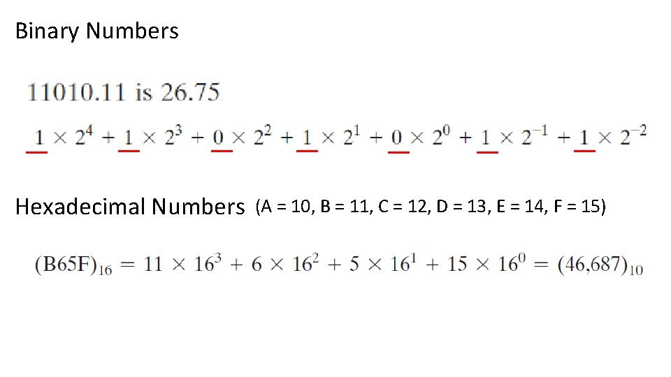 Binary Numbers Hexadecimal Numbers (A = 10, B = 11, C = 12, D