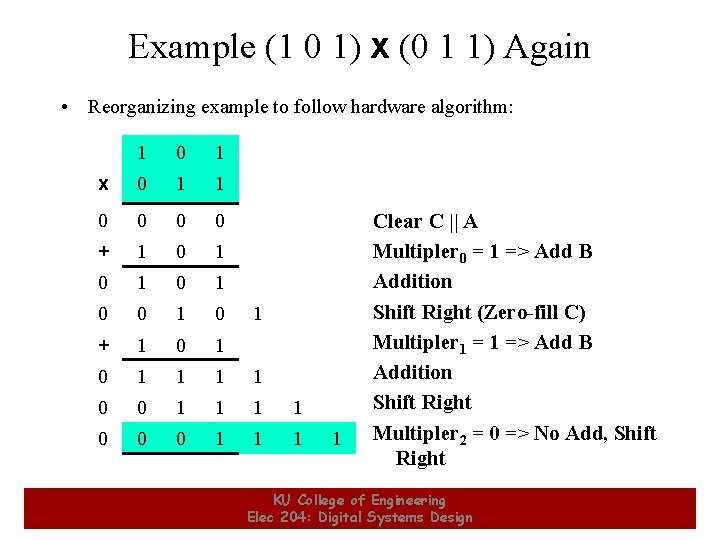 Example (1 0 1) x (0 1 1) Again • Reorganizing example to follow Example (1 0 1) x (0 1 1) Again • Reorganizing example to follow