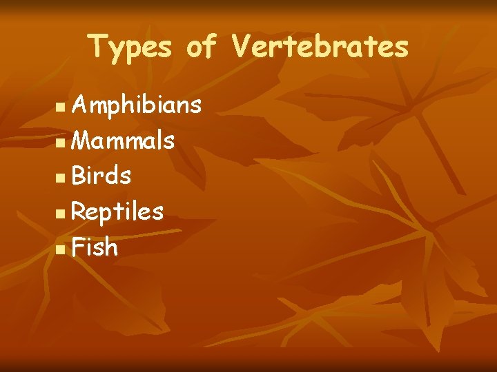 Types of Vertebrates Amphibians n Mammals n Birds n Reptiles n Fish n 