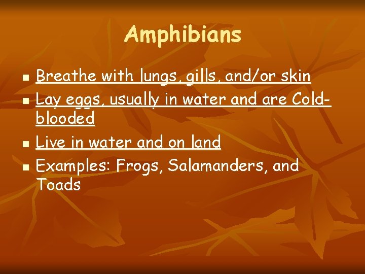 Amphibians n n Breathe with lungs, gills, and/or skin Lay eggs, usually in water