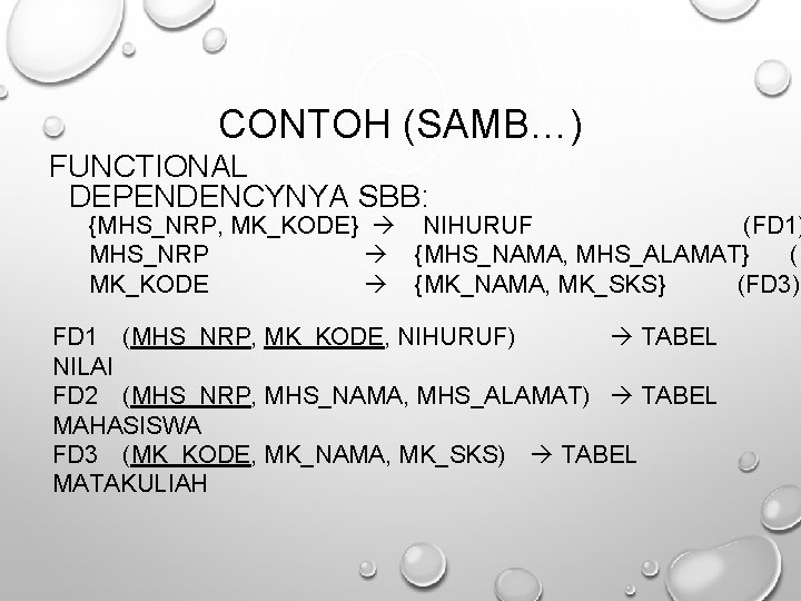 CONTOH (SAMB…) FUNCTIONAL DEPENDENCYNYA SBB: {MHS_NRP, MK_KODE} NIHURUF (FD 1) MHS_NRP {MHS_NAMA, MHS_ALAMAT} (F