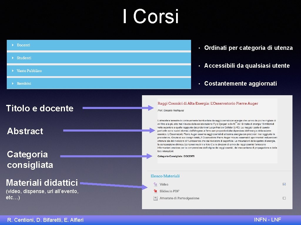 I Corsi • Ordinati per categoria di utenza • Accessibili da qualsiasi utente •